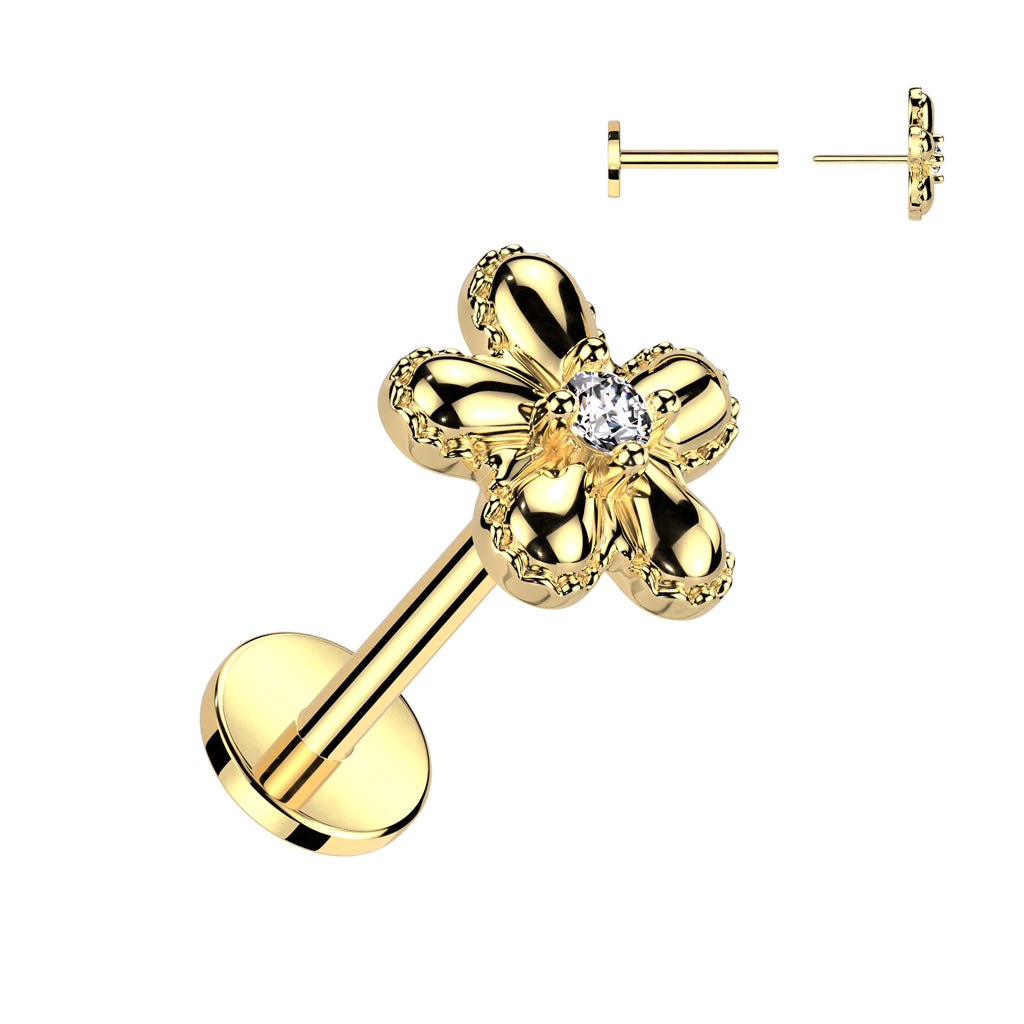 CRYSTAL FLOWER THREADLESS PUSH IN LABRET STUD - 8MM