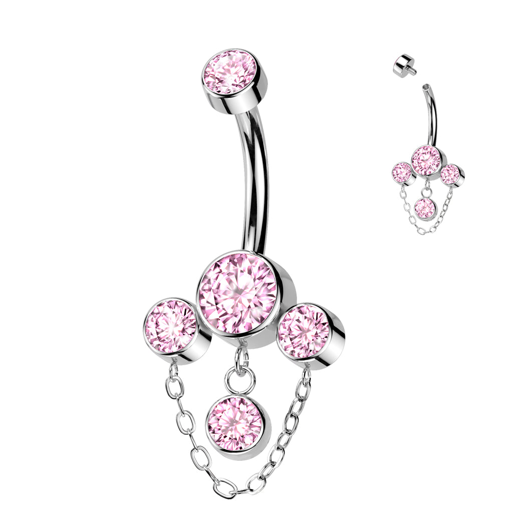 TITANIUM PINK TRIO CRYSTAL CHAIN CHARM BELLY BARBELL - 14 GAUGE - 10MM
