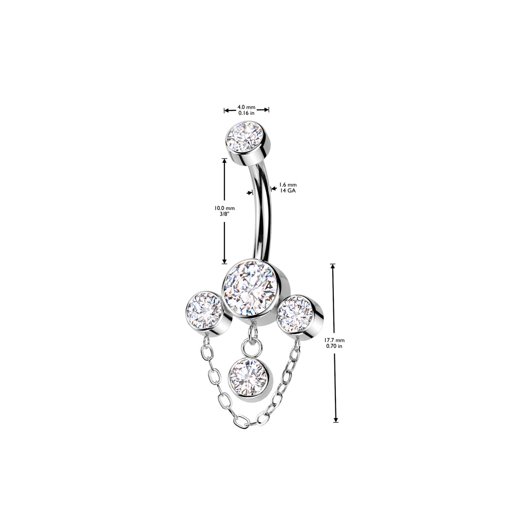 TITANIUM PINK TRIO CRYSTAL CHAIN CHARM BELLY BARBELL - 14 GAUGE - 10MM