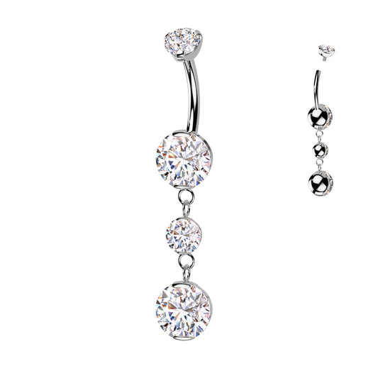 TITANIUM TRIPLE CRYSTAL CHARM DANGLY BELLY BARBELL - 10MM - 14 GAUGE