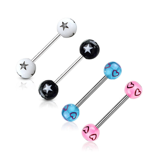 MULTIPACK OF 4 ACRYLIC STAR & LOVE HEART PRINT BARBELLS - 14 GAUGE - 16MM
