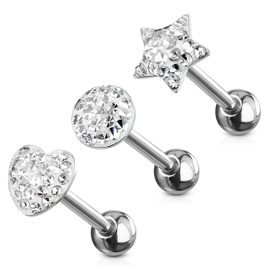 MULTIPACK OF 3 SMOOTH FLAT TOP CRYSTAL TONGUE BARBELLS - 16MM