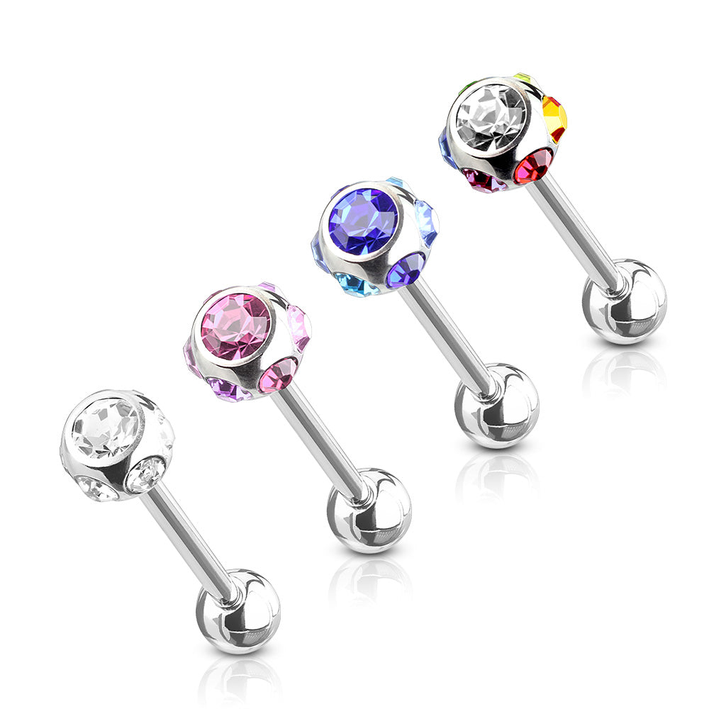 MULTIPACK OF 4 MULTI COLORED CRYSTAL DISCO BALL TONGUE BARBELLS - 16MM