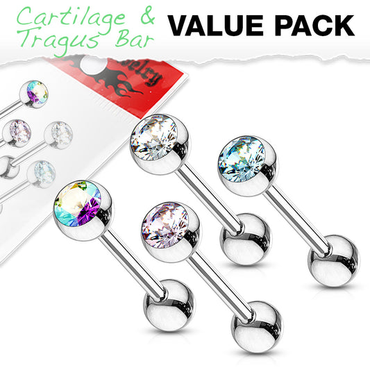 MULTI PACK OF 4 PRESS FIT CRYSTAL DAINTY BARBELLS - 6MM - 16 GAUGE