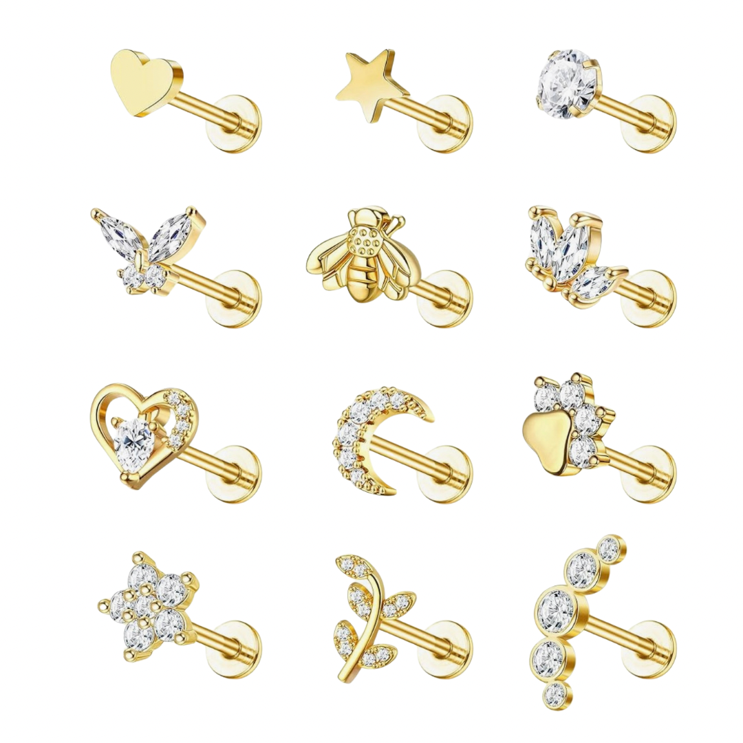 MULTI PACK OF 12 CRYSTAL FLAT BACK LABRET STUDS