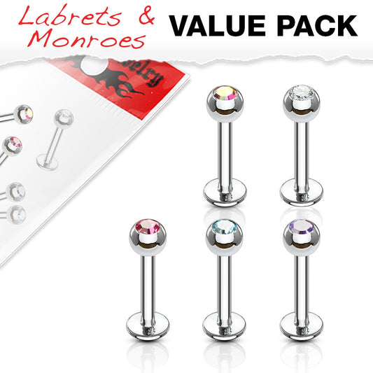 MULTI PACK OF 5 DAINTY CRYSTAL TOP FLAT BACK LABRET STUDS - 16 GAUGE -8MM