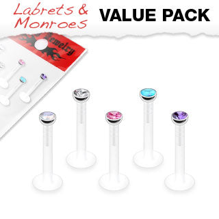 MULTI PACK OF 5 DAINTY CRYSTAL TOP BIO FLEX FLAT BACK LABRET STUDS - 16 GAUGE - 8MM