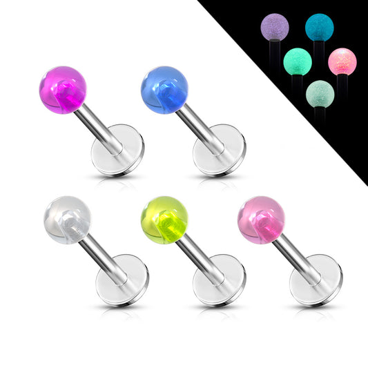 MULTI PACK OF 5 GLOW IN THE DARK MULTI COLORED FLAT BACK LABRET STUDS - 8MM -16 GAUGE