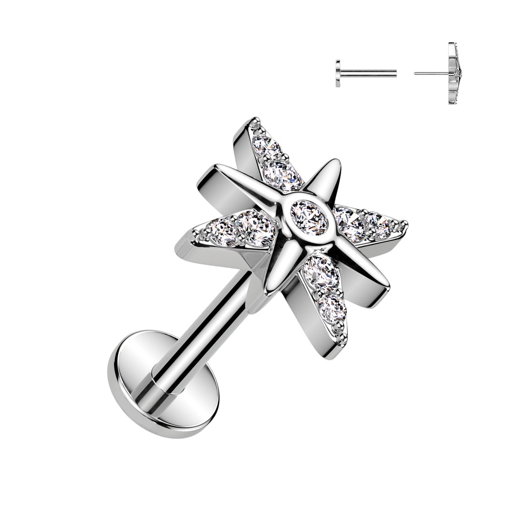 CRYSTAL NORTHERN STAR FLAT BACK LABRET - THREADLESS - 8MM - 16 GAUGE