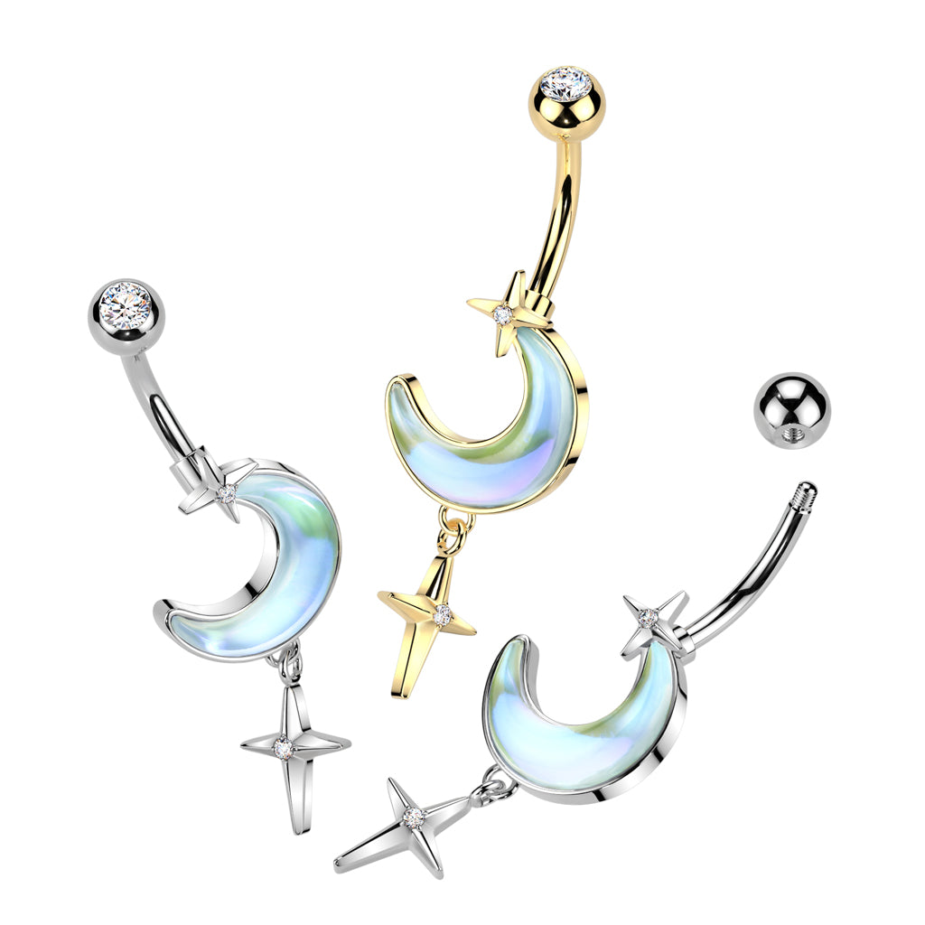 AURORA CRESCENT MOON & STAR DANGLY BELLY BAR - 10MM
