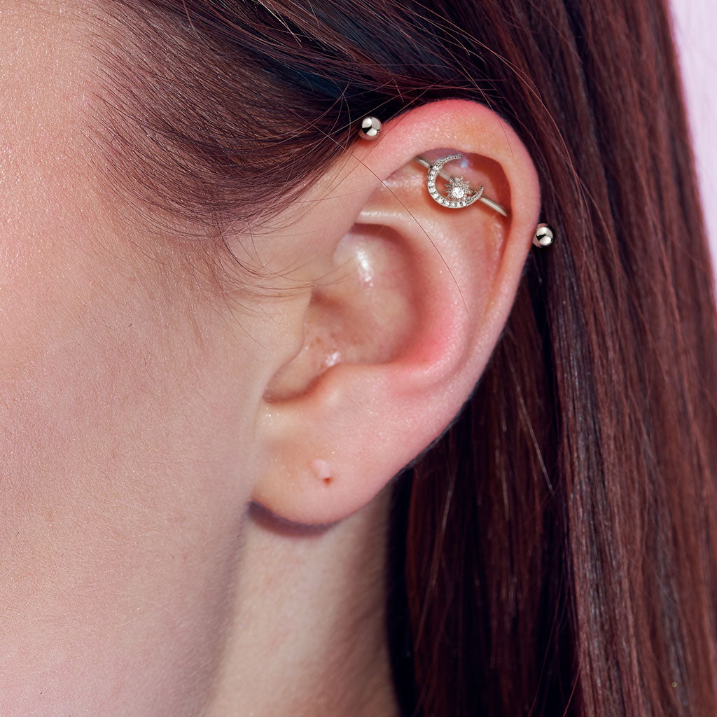 SPARKLE CRYSTAL MOON & STAR INDUSTRIAL BARBELL - 38MM