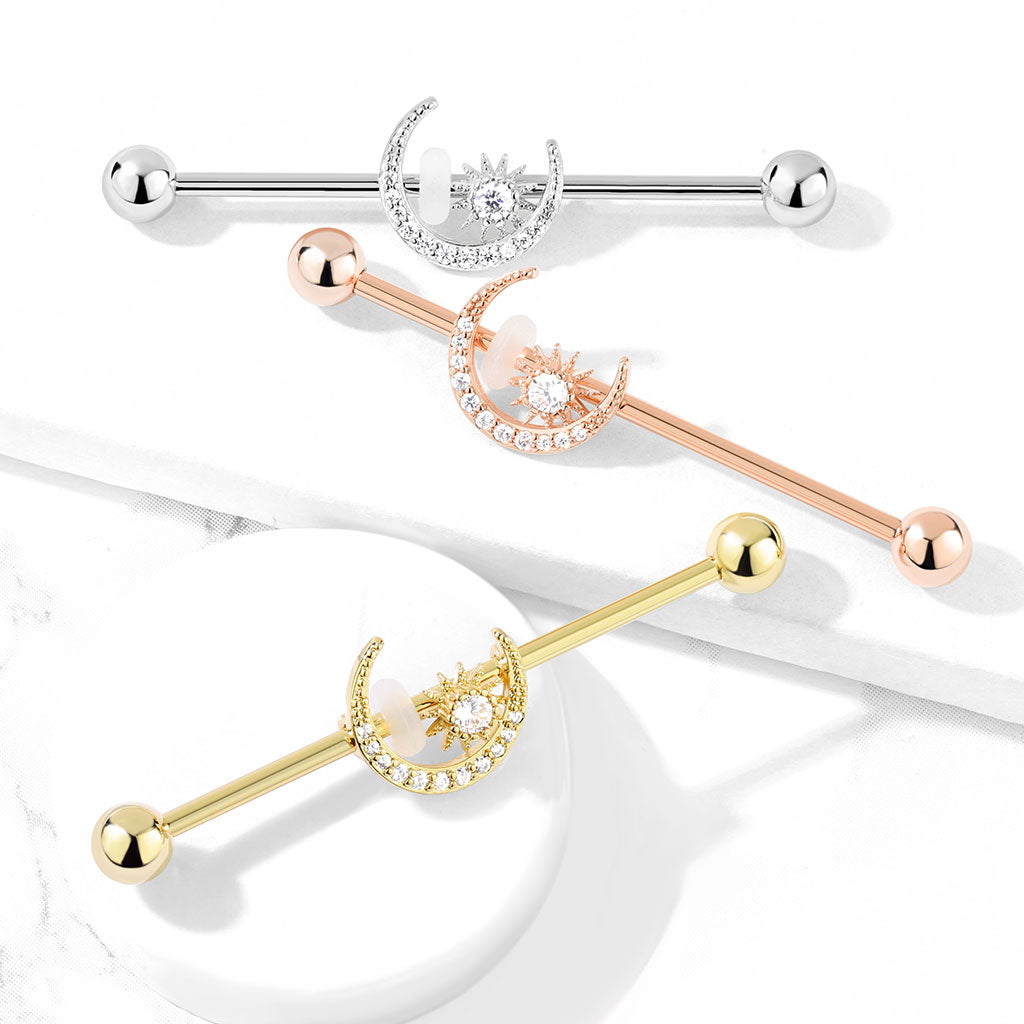 SPARKLE CRYSTAL MOON & STAR INDUSTRIAL BARBELL - 38MM