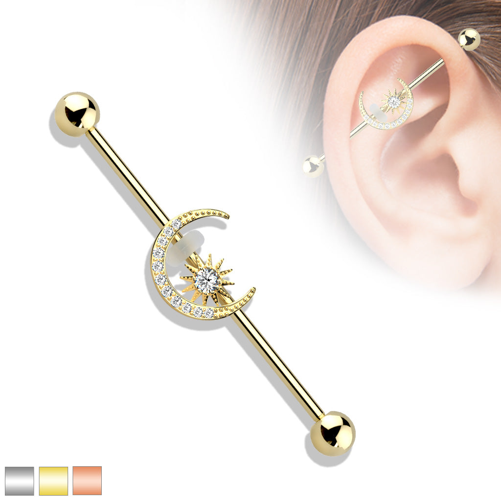 SPARKLE CRYSTAL MOON & STAR INDUSTRIAL BARBELL - 38MM