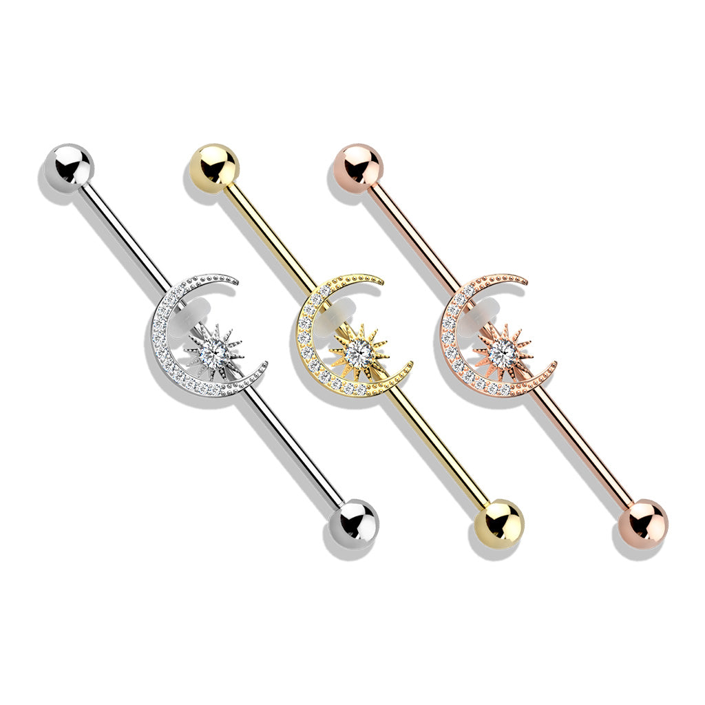 SPARKLE CRYSTAL MOON & STAR INDUSTRIAL BARBELL - 38MM
