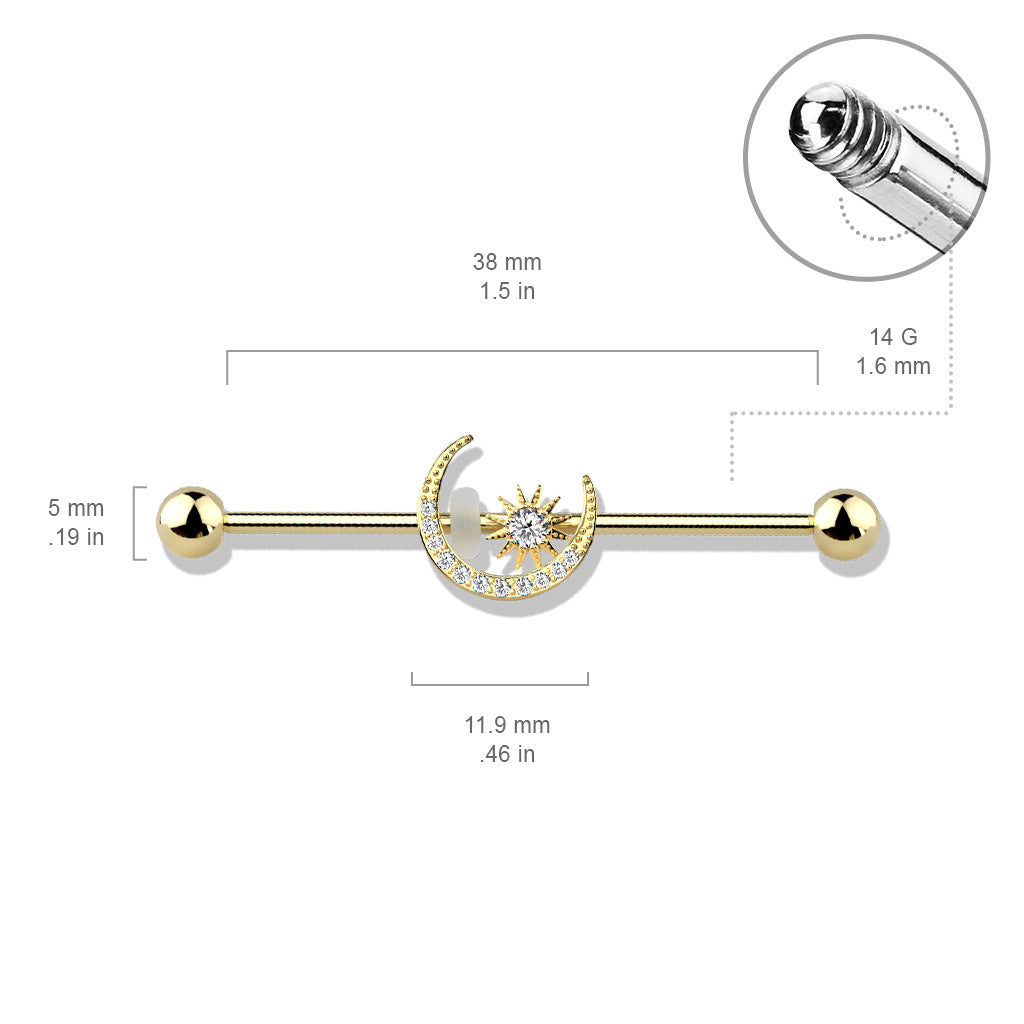 SPARKLE CRYSTAL MOON & STAR INDUSTRIAL BARBELL - 38MM