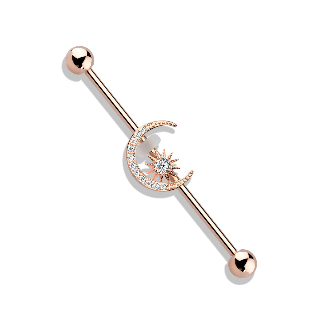 SPARKLE CRYSTAL MOON & STAR INDUSTRIAL BARBELL - 38MM