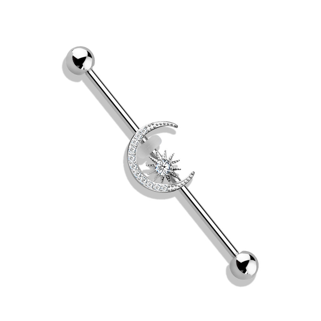 SPARKLE CRYSTAL MOON & STAR INDUSTRIAL BARBELL - 38MM