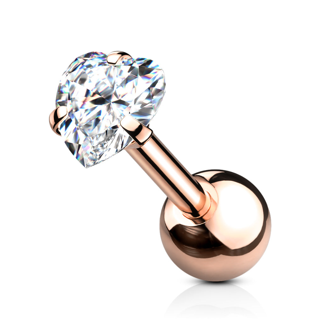 CRYSTAL HEART CUBIC ZIRCONIA BARBELL - 6MM - 16 GAUGE