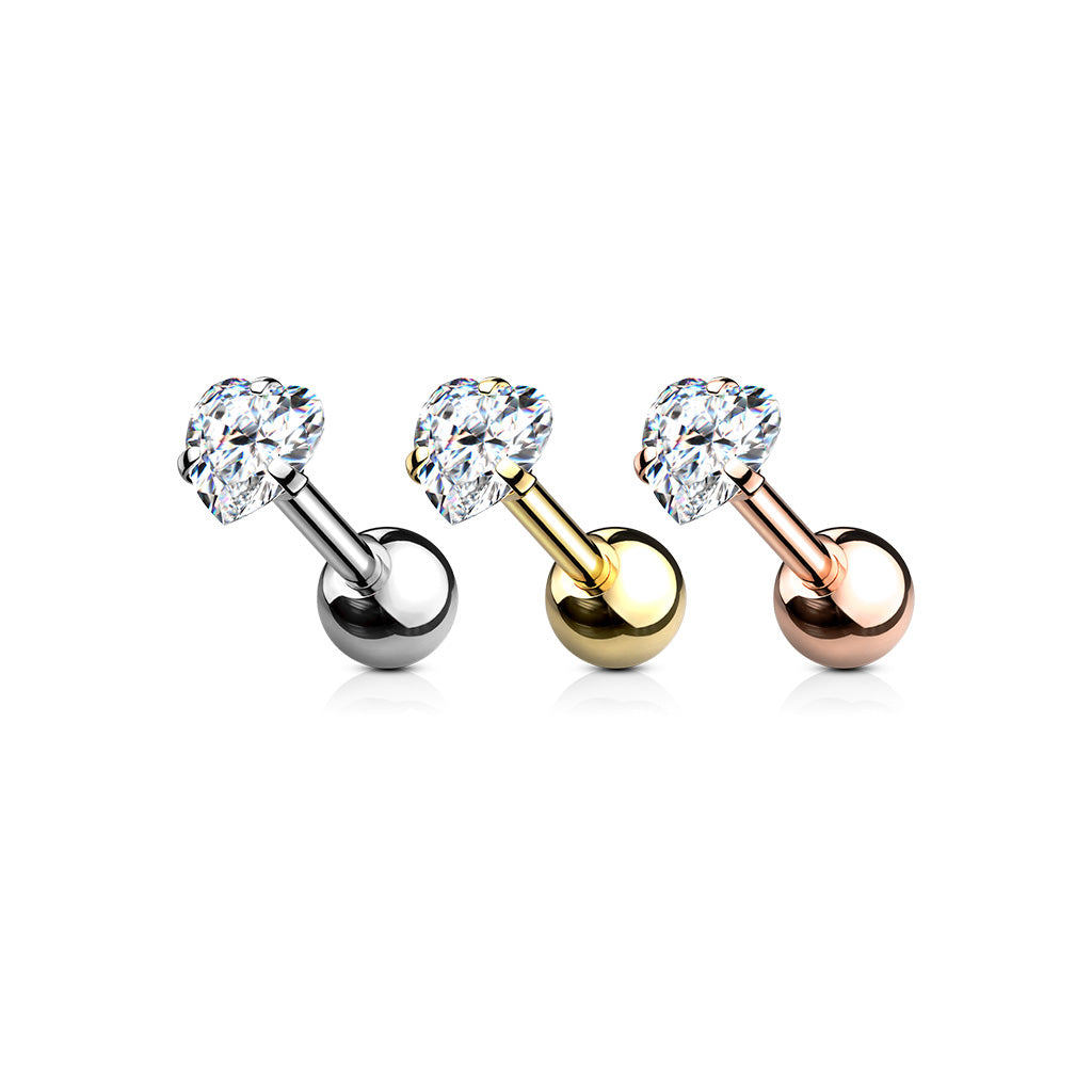 CRYSTAL HEART CUBIC ZIRCONIA BARBELL - 6MM - 16 GAUGE