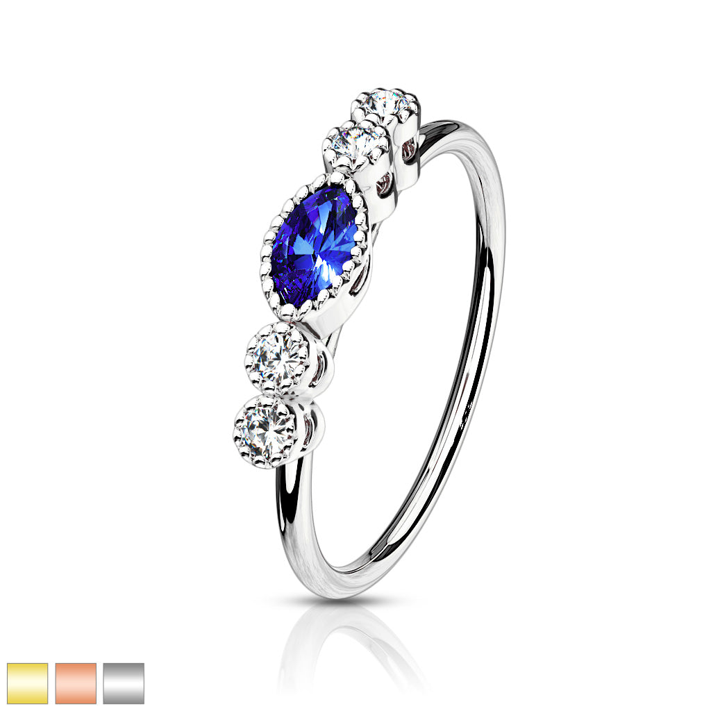 SAPPHIRE TEARDROP CRYSTAL LINED BENDABLE NOSE RING HOOP - 20 GAUGE - 8MM