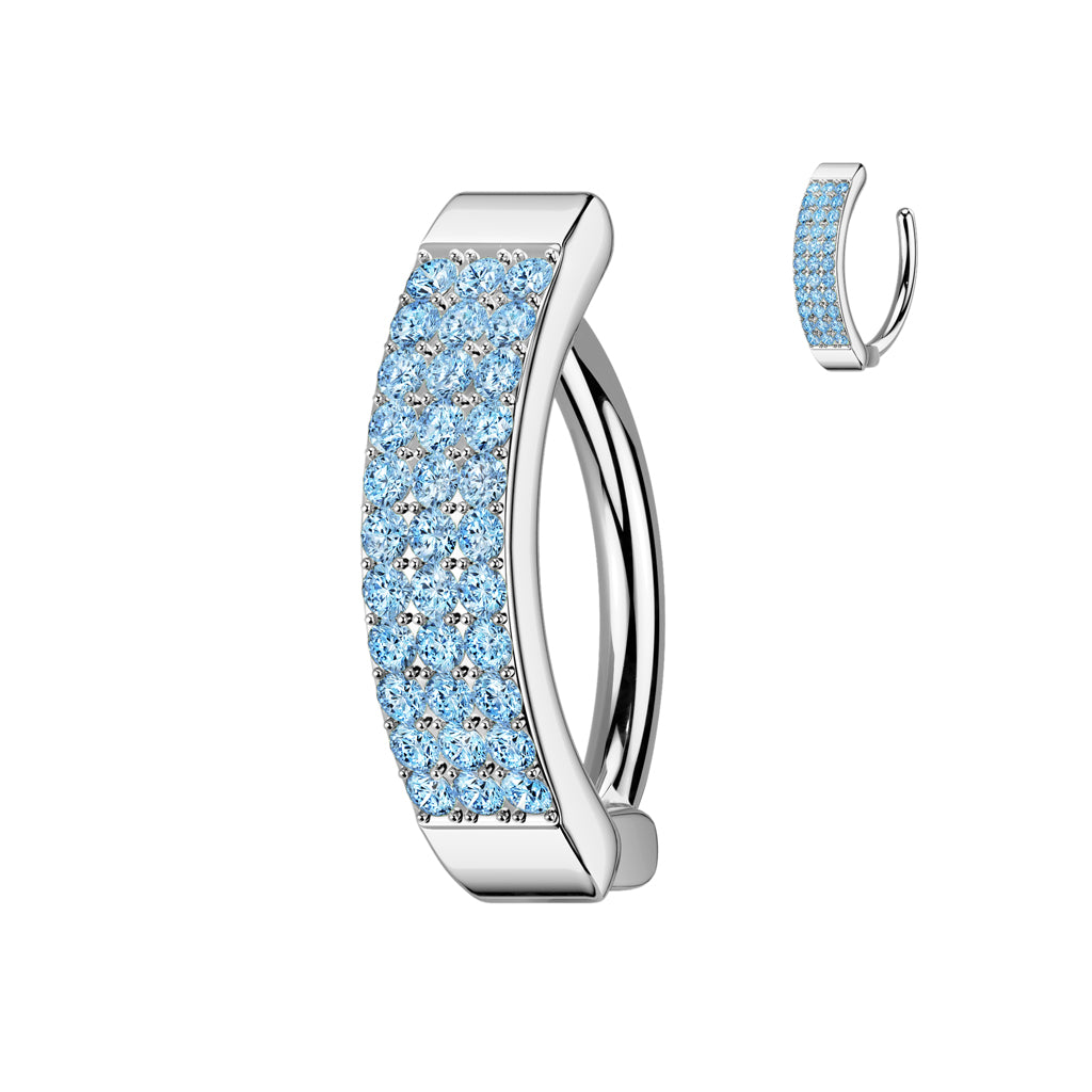 AQUA BLUE TRIPLE CRYSTAL LINED BELLY RING CLICKER HOOP - 11MM -14 GAUGE