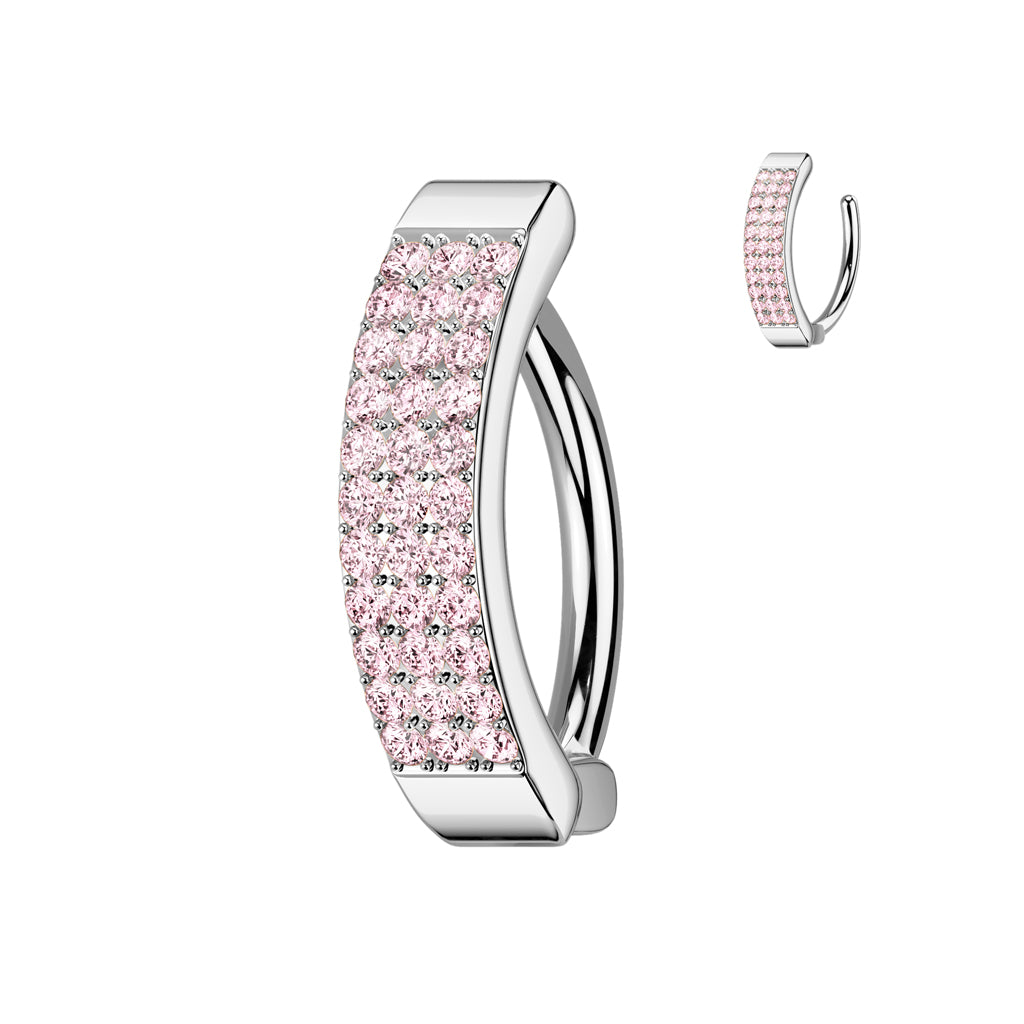 BABY PINK TRIPLE CRYSTAL LINED BELLY RING CLICKER HOOP - 11MM - 14 GAUGE