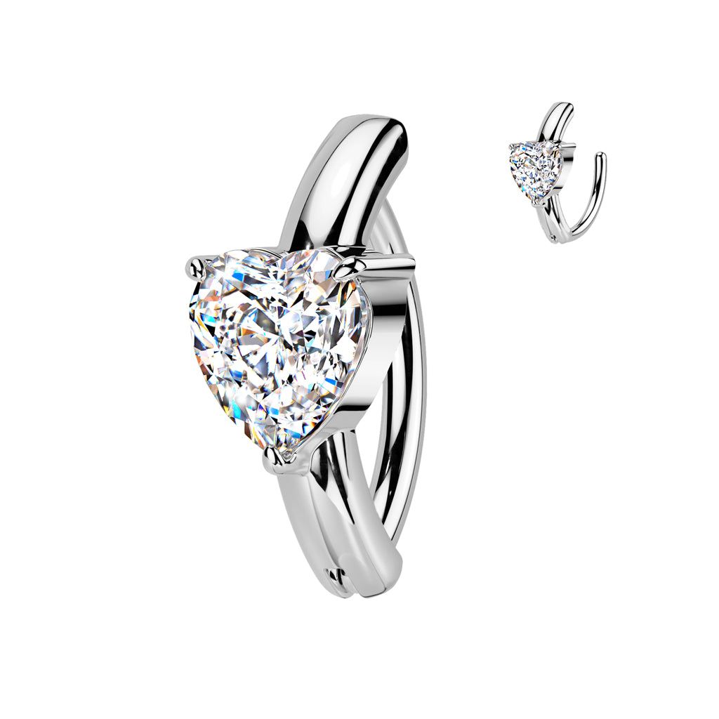 CRYSTAL LOVE HEART CENTRE ON PLAIN BAND BELLY HOOP CLICKER RING - 11MM -14 GAUGE