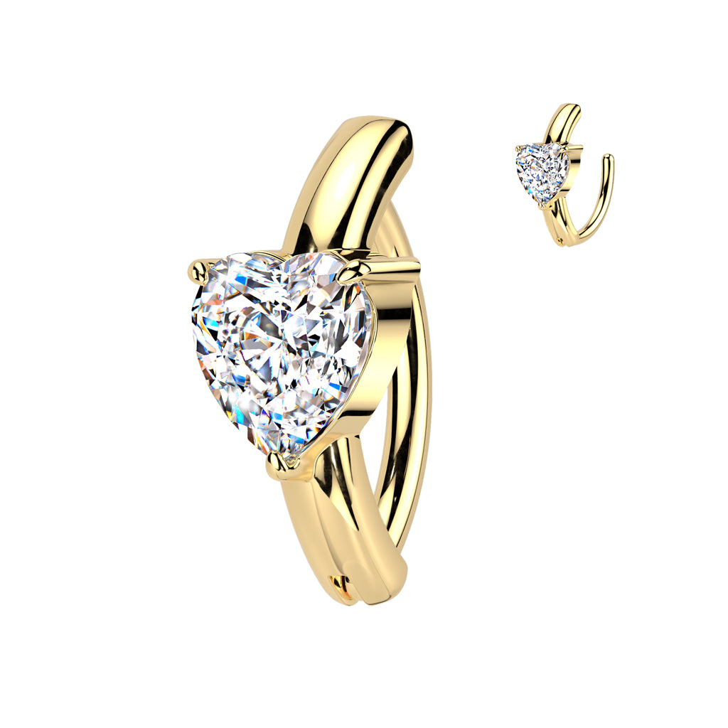 CRYSTAL LOVE HEART CENTRE ON PLAIN BAND BELLY HOOP CLICKER RING - 11MM -14 GAUGE