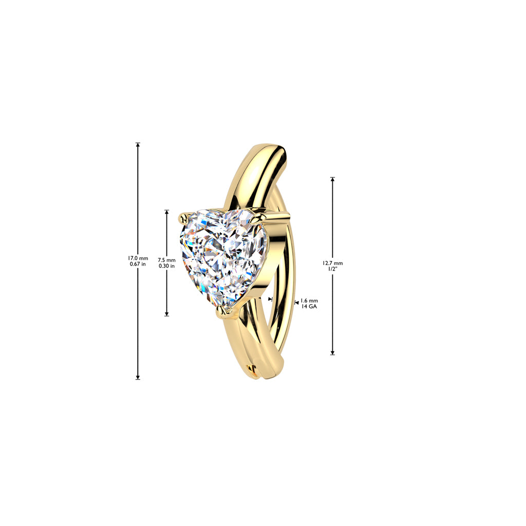 CRYSTAL LOVE HEART CENTRE ON PLAIN BAND BELLY HOOP CLICKER RING - 11MM -14 GAUGE