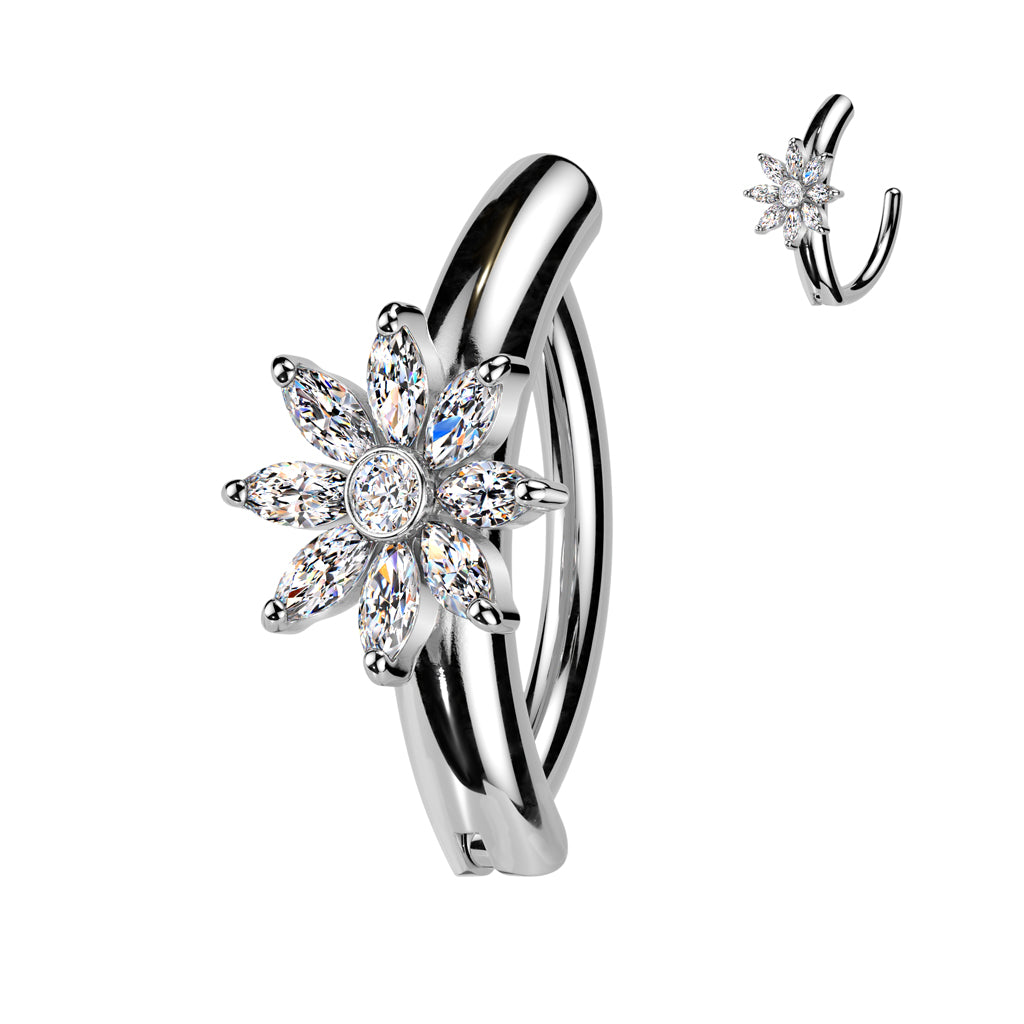 CRYSTAL FLOWER CENTRE ON PLAIN BAND BELLY HOOP CLICKER RING - 11MM -14 GAUGE