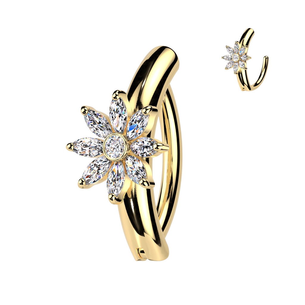 CRYSTAL FLOWER CENTRE ON PLAIN BAND BELLY HOOP CLICKER RING - 11MM -14 GAUGE