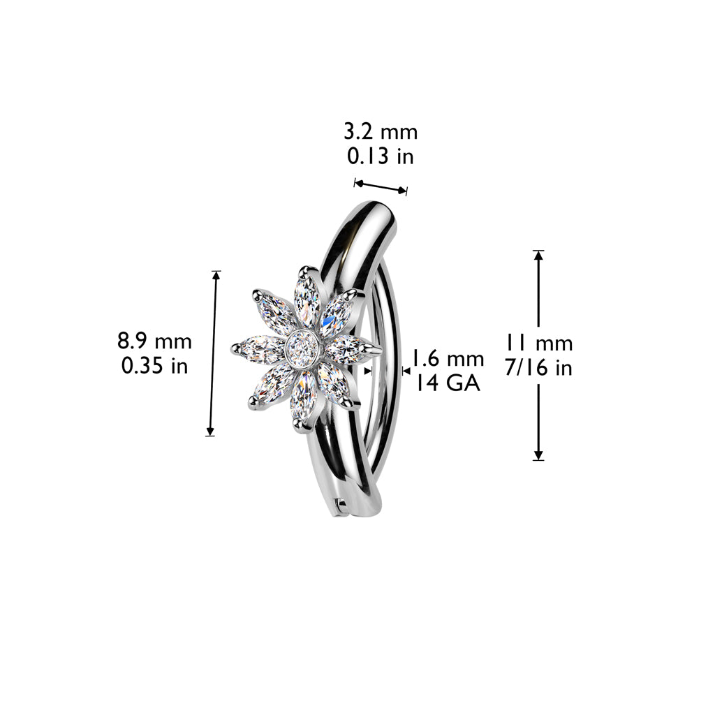 CRYSTAL FLOWER CENTRE ON PLAIN BAND BELLY HOOP CLICKER RING - 11MM -14 GAUGE