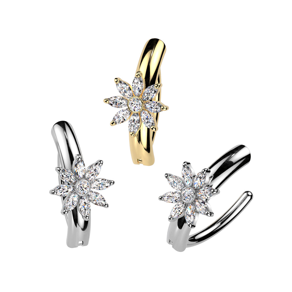 CRYSTAL FLOWER CENTRE ON PLAIN BAND BELLY HOOP CLICKER RING - 11MM -14 GAUGE
