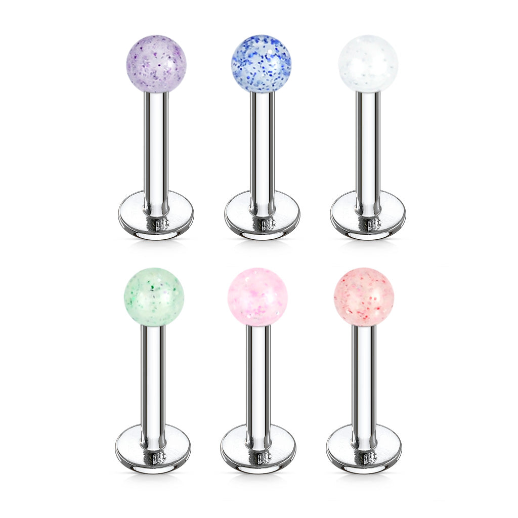 MULTI PACK OF 6 GLITTER TOP COLORED FLAT BACK LABRET STUDS - 8MM -16 GAUGE