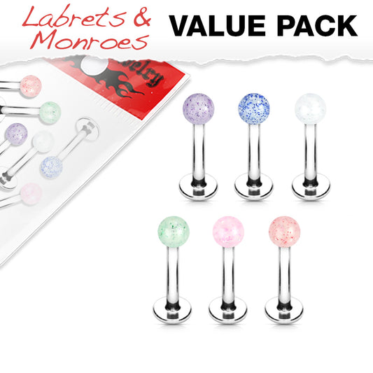 MULTI PACK OF 6 GLITTER TOP COLORED FLAT BACK LABRET STUDS - 8MM -16 GAUGE
