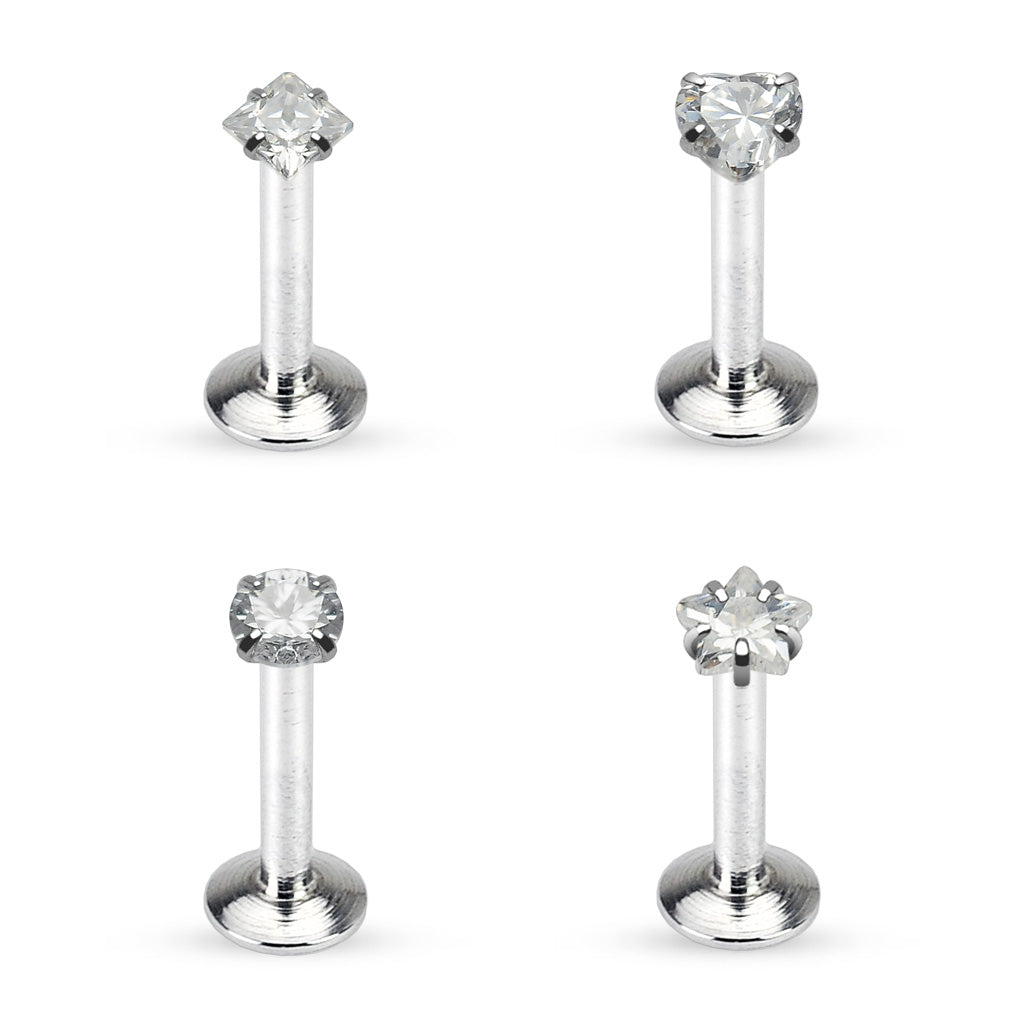 MULTI PACK OF 4 FLAT TOP CRYSTAL DAINTY STAR, HEART, SQUARE & DOME LABRET - 16 GAUGE