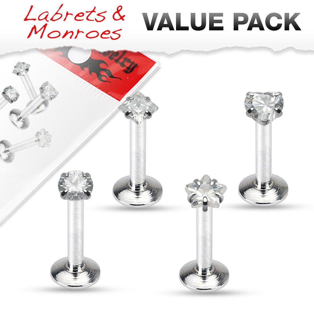 MULTI PACK OF 4 FLAT TOP CRYSTAL DAINTY STAR, HEART, SQUARE & DOME LABRET - 16 GAUGE