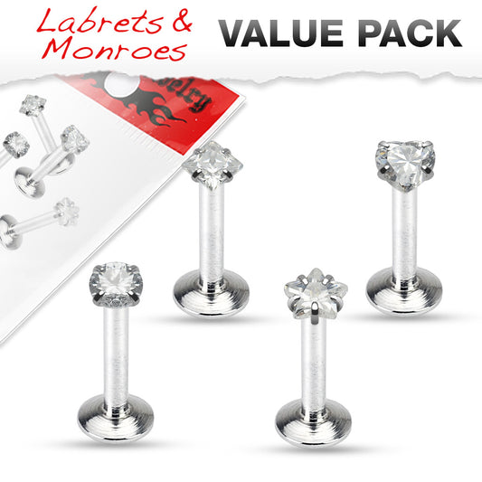 MULTI PACK OF 4 FLAT TOP CRYSTAL DAINTY STAR, HEART, SQUARE & DOME LABRET - 16 GAUGE