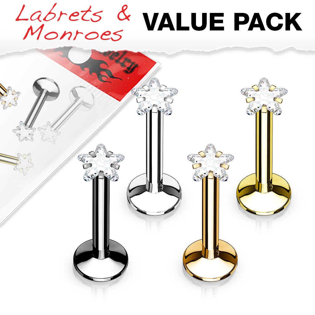 MULTI PACK OF 4 DAINTY CRYSTAL STAR FLAT BACK LABRETS - 16 GAUGE -8MM