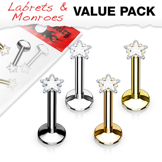 MULTI PACK OF 4 DAINTY CRYSTAL STAR FLAT BACK LABRETS - 16 GAUGE -8MM