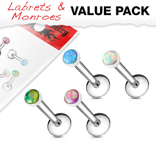 MULTI PACK OF 4 DAINTY OPAL FLAT BACK LABRET STUDS -16 GAUGE - 6MM