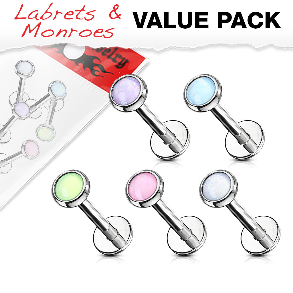 MULTI PACK OF 5 ILLUMINATING OPALITE FLAT BACK LABRETS - 8MM