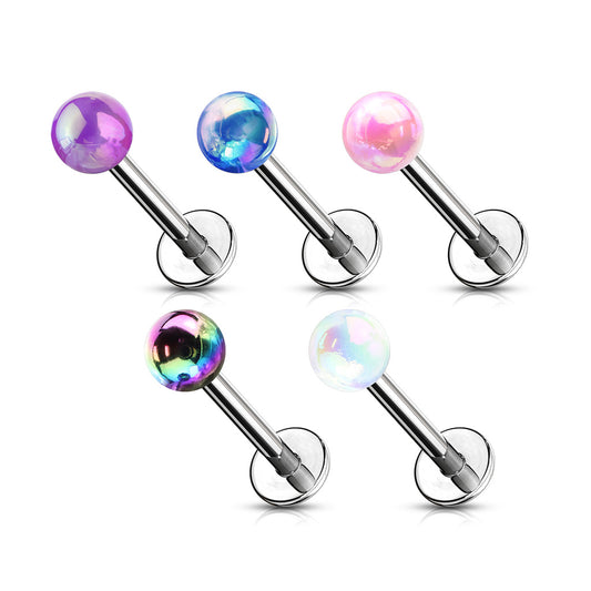 MULTI PACK OF 5 METALLIC TOP FLAT BACK LABRETS - 8MM - 16 GAUGE