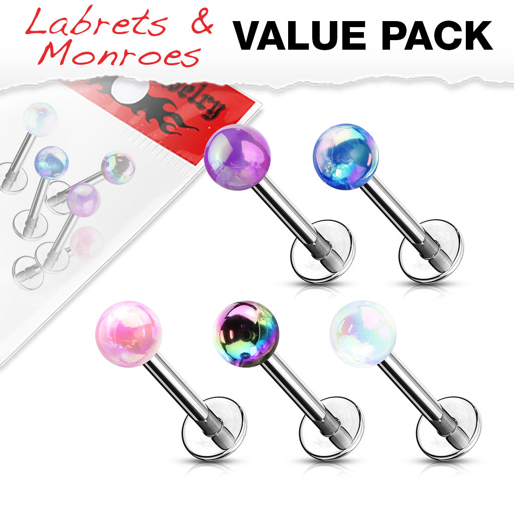 MULTI PACK OF 5 METALLIC TOP FLAT BACK LABRETS - 8MM - 16 GAUGE