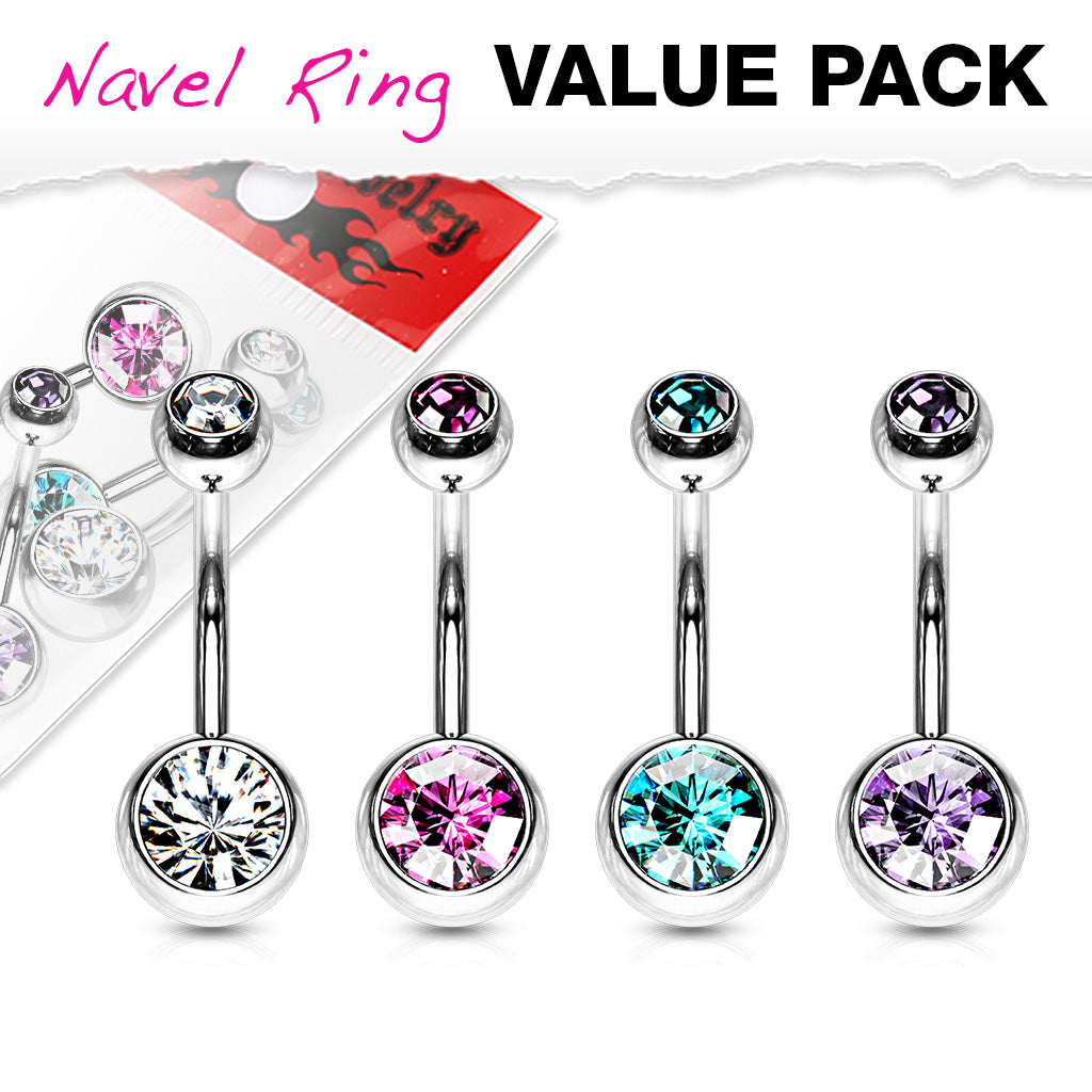 MULTI PACK OF 4 DOUBLE CRYSTAL BELLY BARS - 10MM