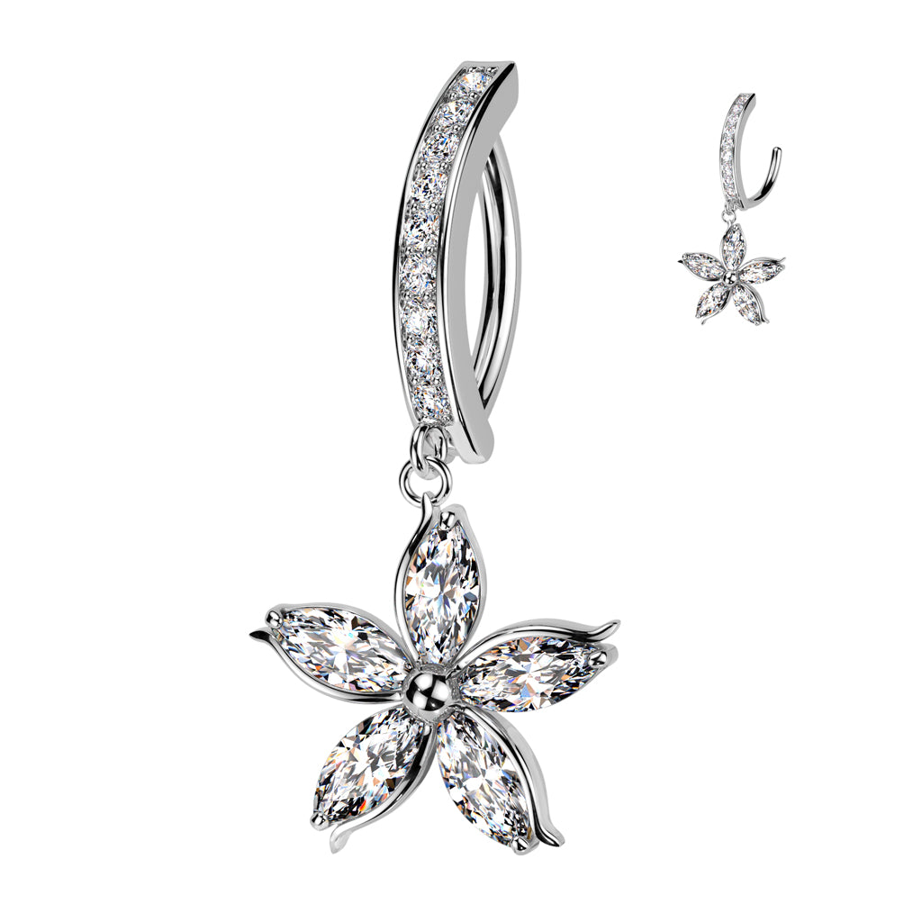 CRYSTAL LINED FLORAL CHARM DANGLY BELLY CLICKER HOOP BARBELL - 11MM - 14 GAUGE