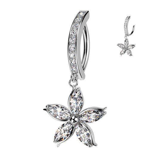 CRYSTAL LINED FLORAL CHARM DANGLY BELLY CLICKER HOOP BARBELL - 11MM - 14 GAUGE