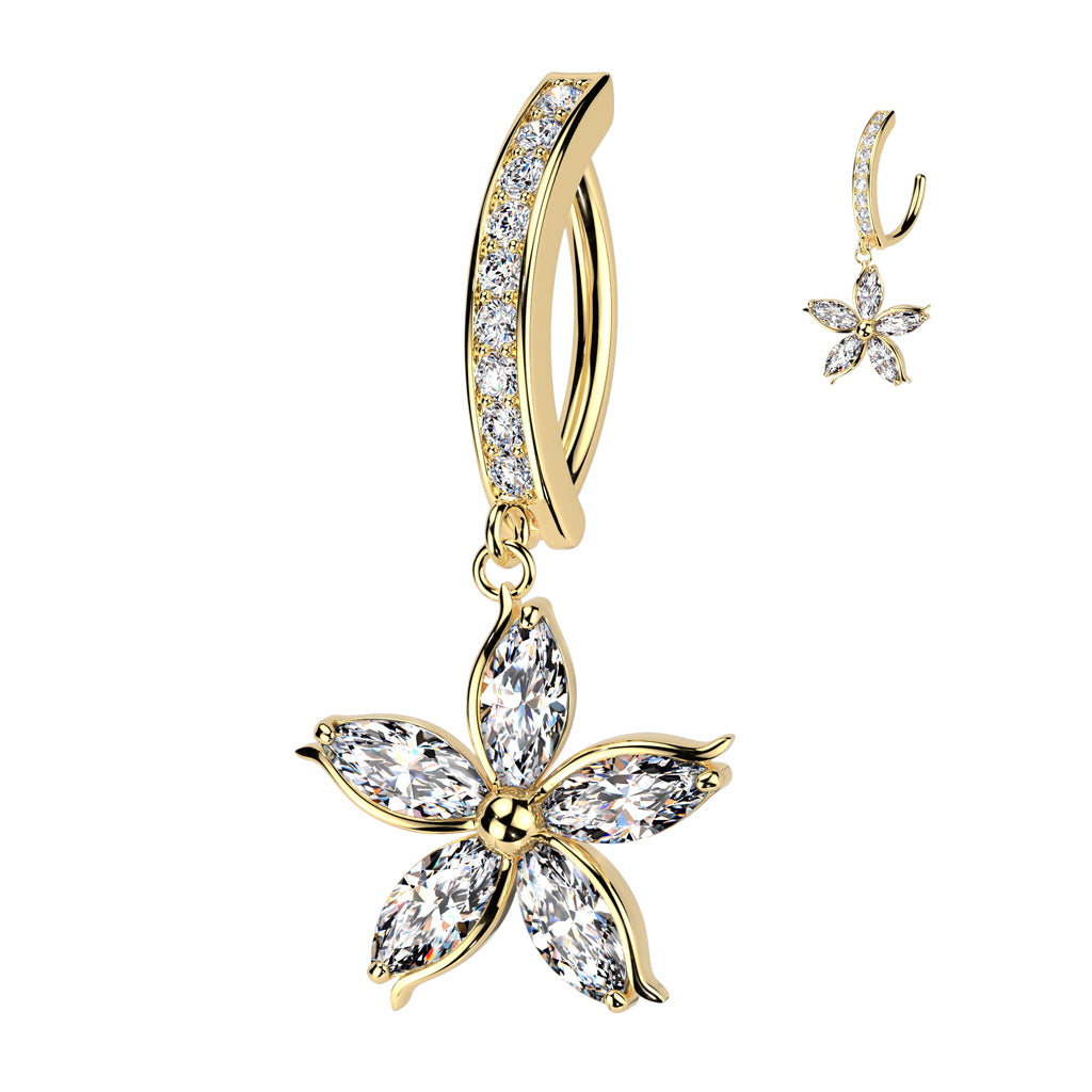 CRYSTAL LINED FLORAL CHARM DANGLY BELLY CLICKER HOOP BARBELL - 11MM - 14 GAUGE
