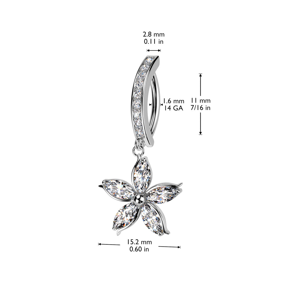 CRYSTAL LINED FLORAL CHARM DANGLY BELLY CLICKER HOOP BARBELL - 11MM - 14 GAUGE