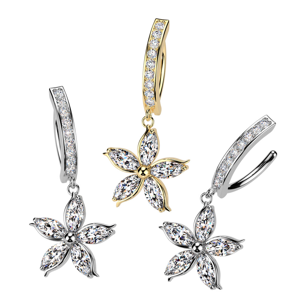 CRYSTAL LINED FLORAL CHARM DANGLY BELLY CLICKER HOOP BARBELL - 11MM - 14 GAUGE